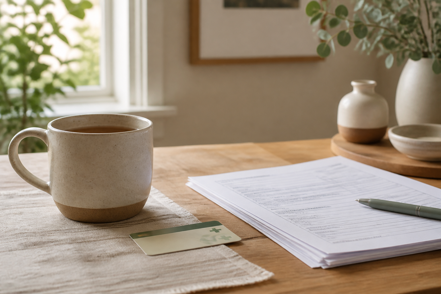 Insurance card, paperwork, and tea on a warm home desk — calm planning for PPO reimbursement